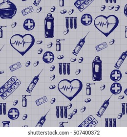 Vector doodle seamless illustration. Medicine icons