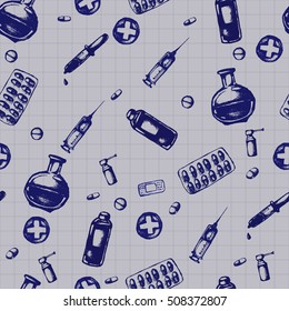 Vector doodle seamless illustration. Medicine icons