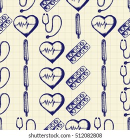 Vector doodle seamless illustration. Medicine icons