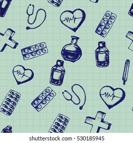 Vector doodle seamless illustration. Medicine icons