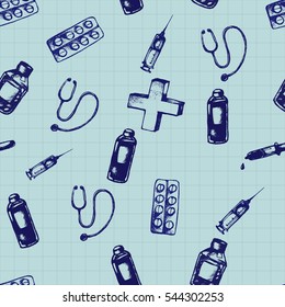 Vector doodle seamless illustration. Medicine icons