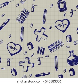 Vector doodle seamless illustration. Medicine icons