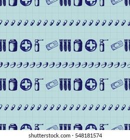 Vector doodle seamless illustration. Medicine icons
