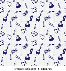 Vector doodle seamless illustration. Medicine icons