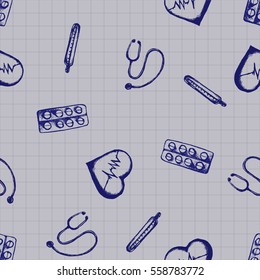 Vector doodle seamless illustration. Medicine icons