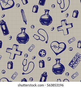 Vector doodle seamless illustration. Medicine icons