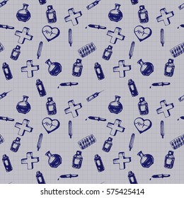 Vector doodle seamless illustration. Medicine icons