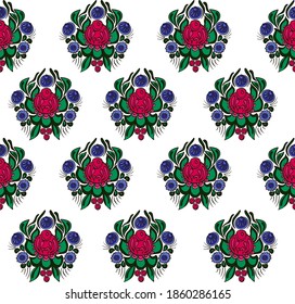 Vector doodle seamless illustration with Russian traditional Gorodets painting.