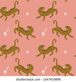 Vector doodle seamless pastel pattern with cute tigers. Tropical cats background. Boho wallpaper design