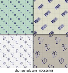 Vector doodle seamless paterns. Medicine icons set
