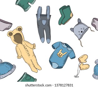 Vector doodle seamless pattern with baby sketches of clothes and other things newborn on a white background 