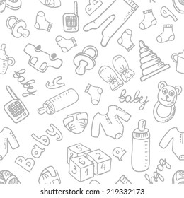 Vector doodle seamless pattern with baby items. Eps 10