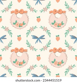 Vector doodle seamless pattern with baby items and plants.