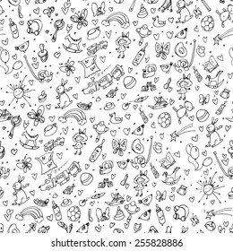 Vector doodle seamless pattern with baby items