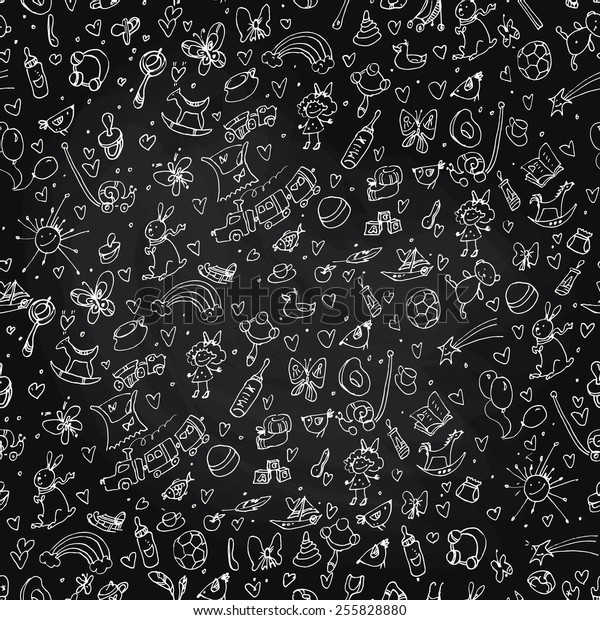 Vector doodle\
seamless pattern with baby\
items