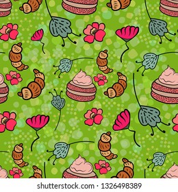 Vector doodle seamless pattern with bake and flower. Seamless summer texture with croissants, cake, flowers and foliage. Baking on a green background with multicolored polka dots. Vector illustration