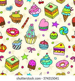 Vector doodle seamless pattern with bake and sweets. Vector illustration.