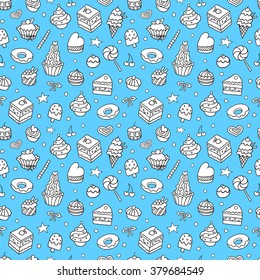 Vector doodle seamless pattern with bake and sweets. Vector illustration.