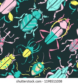 Vector doodle seamless pattern with big decorative tropic bugs. Bright beetles, trendy illustration. Scandinavian style.