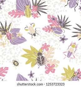 Vector doodle seamless pattern with big decorative tropic bugs and tropis flowers and leaves. Bright beetles, trendy illustration. Scandinavian style.