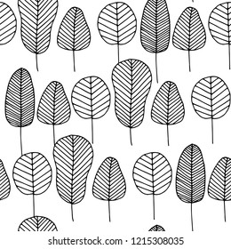 Vector doodle seamless pattern with black colorless skeleton leaves on white background. Hand drawn illustration with abstract trees. Texture design for surfaces, fabrics and textile.