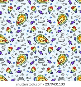 Vector doodle seamless pattern  black line rainbow underwater life  with fish, seashell, seaweed, jellyfish.  Texture for wrapping paper, fabrics, decor, banners, cover.