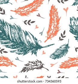 Vector doodle seamless pattern in boho style. Handdrawn feathers isolated on background. Perfect for your design.