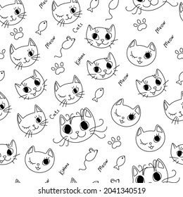 Vector Doodle Seamless Pattern with Cat Faces with Text, Funny Design Element Set. Hand Drawn Kittens with Paw, Mouse and Fish with Editable Stroke Isolated on White Background.