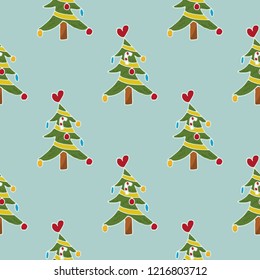 Vector doodle seamless pattern with christmas tree on green background. Christmas festive doodle illustration.