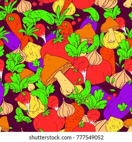 Vector doodle seamless pattern with collection of colored vegetables