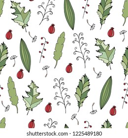 Vector doodle seamless pattern with colorful leaves. Repeating background. Hand drawn illustration. Texture design for  fabrics and textile.
