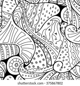 Vector doodle seamless pattern. Coloring book for adult and children.Coloring page. Outline abstract wavy drawing.