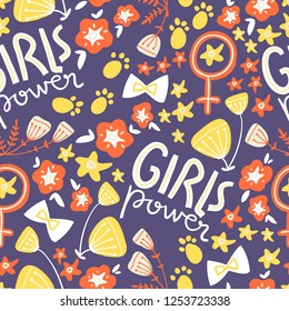 Vector doodle seamless pattern with concept lettering and flowers, bows, symbols. Girl power, trendy illustration. Scandinavian style.