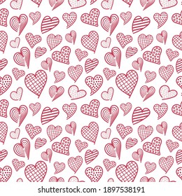 Vector doodle seamless pattern with creative red hearts for Valentine's Day, wedding, dating on a white background. Design element for postcard, wallpaper, wrapping paper, print, textile.