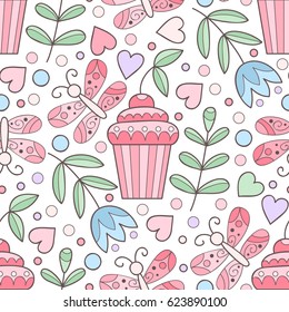 Vector doodle seamless pattern with cupcake, hearts and flowers. Happy birthday background. Colorful yummy scrapbook paper.