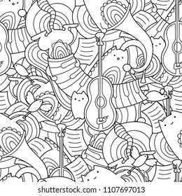 Vector doodle seamless pattern with cute cats and musical instruments. Kawaii animals with guitar, trumpet and piano.