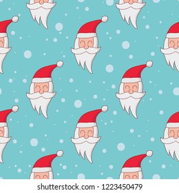 Vector doodle seamless pattern with cute santa claus on blue background with cartoon snowflakes. Christmas festive doodle illustration.