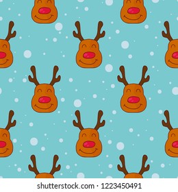 Vector doodle seamless pattern with cute reindeer on blue background with cartoon snowflakes. Christmas festive doodle illustration.