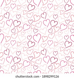 Vector doodle seamless pattern with drawn colorful hearts for Valentine's Day, wedding, dating on a white background. Design element for postcard, wallpaper, wrapping paper, print, textile, packing.