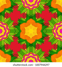 Vector doodle seamless pattern with ethnic mandala ornament on a green, red and orange colors. Outline.