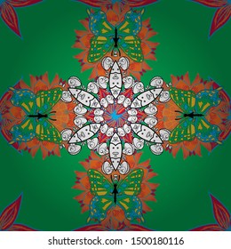 Vector doodle seamless pattern with ethnic mandala ornament on a white, green and orange colors. Outline.