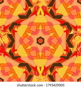 Vector doodle seamless pattern with ethnic mandala ornament on a orange, yellow and red colors. Outline.