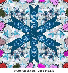 Vetor doodle padrão sem emenda com ornamento mandala étnico em cores agradáveis. Contorno. Freame! Plano. Coração. Azul. Pétalas. Luz. Rosa.