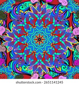 Vetor doodle padrão sem emenda com ornamento mandala étnico em cores agradáveis. Contorno. 