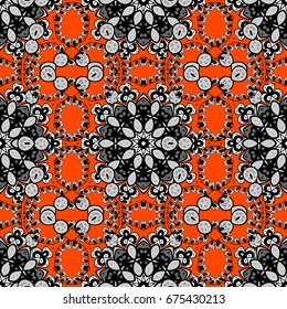 Vector doodle seamless pattern with ethnic mandala ornament on a orange background. Outline.