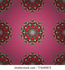 Vector doodle seamless pattern with ethnic mandala ornament on a pink, red and green colors. Outline.