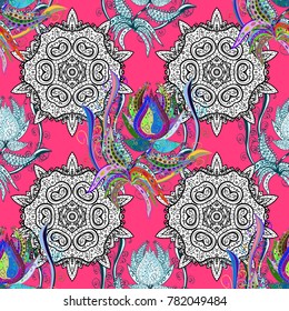 Vector doodle seamless pattern with ethnic mandala ornament on a pink, white and black colors. Outline.