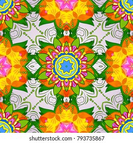 Vector doodle seamless pattern with ethnic mandala ornament on a green, orange and neutral colors. Outline.