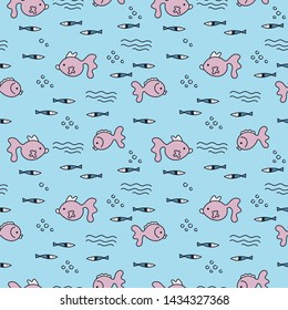 Vector doodle seamless pattern with fish. Kawaii characters. Blue and pink color.