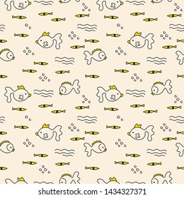 Vector doodle seamless pattern with fish. Kawaii characters.